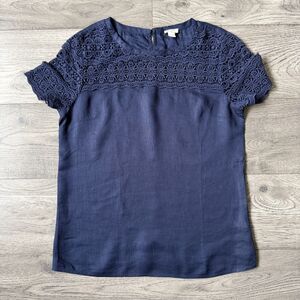 NWT J. Crew Navy Linen Crochet Lace Short Sleeve Blouse - Size 2